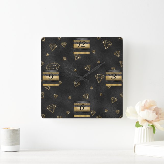 Elegant Black & Gold Diamond Design Square Wall Clock (Home)