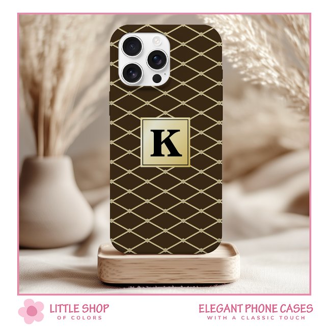 Elegant Black Gold Diamond Pattern Monogram iPhone 15 Case (Creator Uploaded)