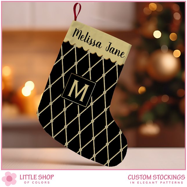 Elegant Black Gold Diamond Pattern Monogram Small Christmas Stocking (Creator Uploaded)