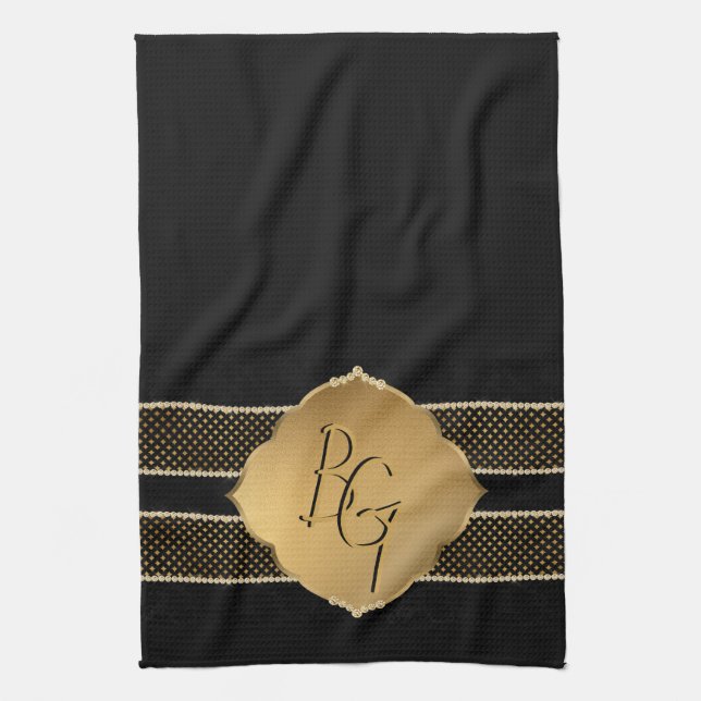 Elegant Black Gold Diamond Shape Monogram Initials Tea Towel (Vertical)