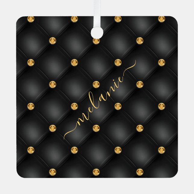 Elegant Black Gold Diamond Tufted Custom Your Name Metal Tree Decoration (Front)