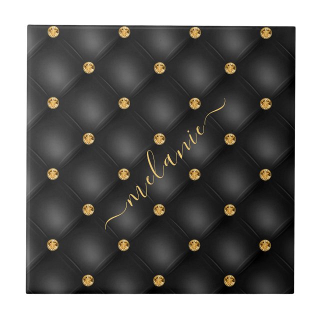 Elegant Black Gold Diamond Tufted Luxury Your Name Tile (Front)