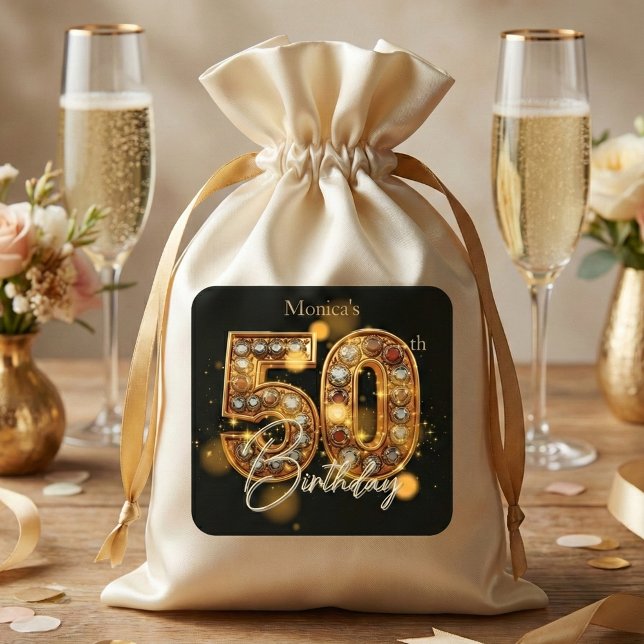 Elegant Black Gold Diamonds Jewel 50th Birthday Square Sticker (Creator Uploaded)
