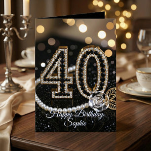 Elegant Black Gold Diamonds Pearls 40th Birthday Card