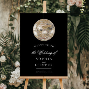 Elegant Black Gold Disco Ball Wedding Welcome Sign