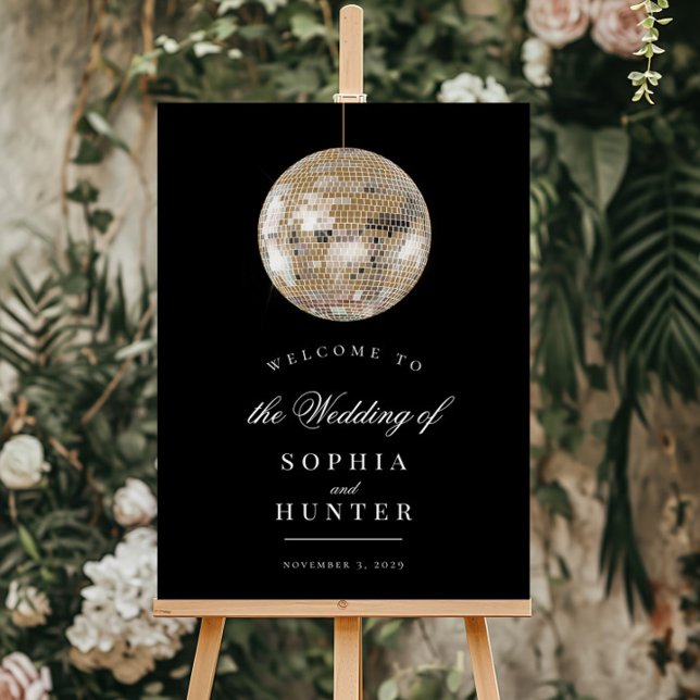 Elegant Black Gold Disco Ball Wedding Welcome Sign (Creator Uploaded)