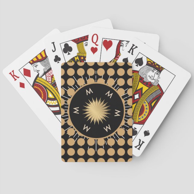 Elegant Black Gold Dot Pattern Monogram Playing Cards (Back)