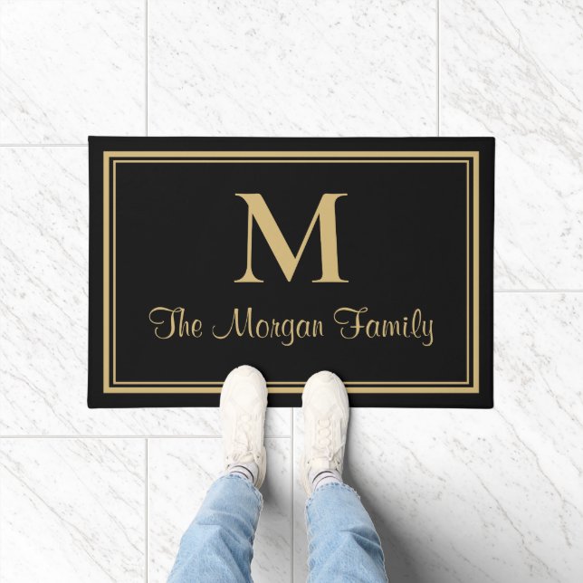 Elegant Black Gold Double Borders Custom Monogram Doormat (Indoor)