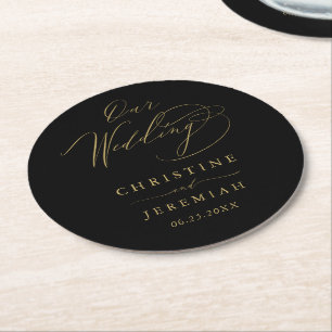 Elegant Black Gold Elegant Script Wedding Round Paper Coaster