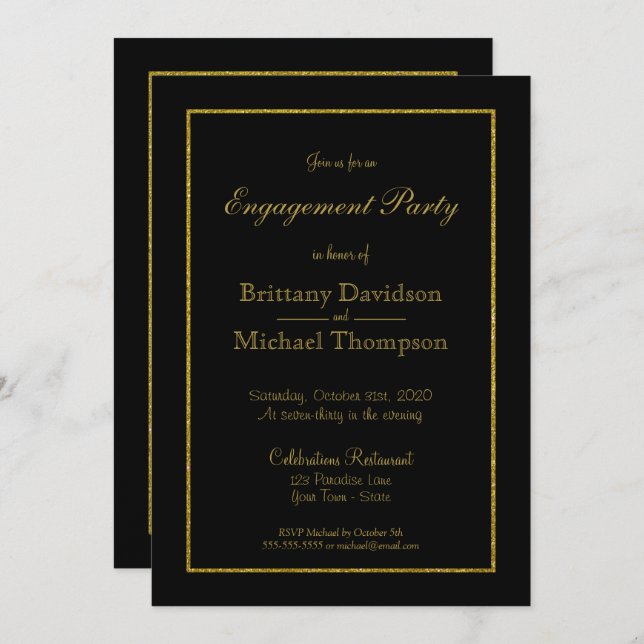 Elegant Black Gold Engagement Party Invitation (Front/Back)