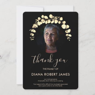Elegant Black Gold Eucalyptus Photo Sympathy Thank You Card