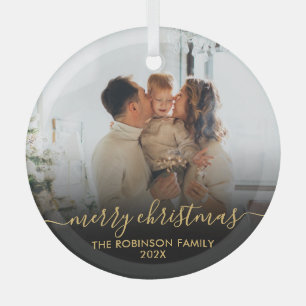 Elegant Black Gold Family Photo Merry Christmas   Glass Tree Decoration