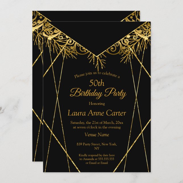 Elegant Black Gold Faux Foil 50th Birthday Party Invitation (Front/Back)