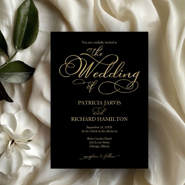 Elegant Black Gold Faux Foil Script Wedding Invitation (Creator Uploaded)