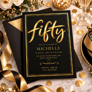Elegant Black Gold Fifty 50th Birthday Invitation