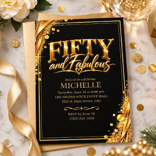 Elegant Black Gold Fifty Fabulous 50th Birthday Invitation