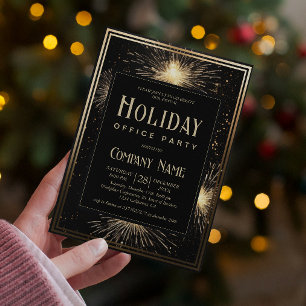 Elegant Black Gold Fireworks Holiday Office Party Invitation