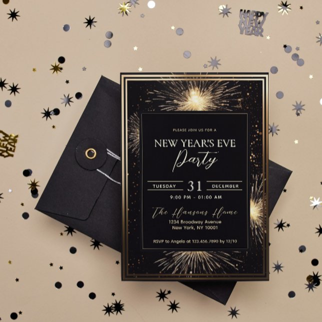 Elegant Black Gold Fireworks New Year's Eve Party Invitation (Creator Uploaded)