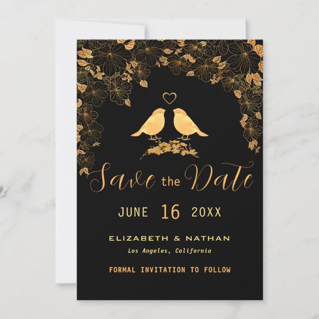 Elegant Black & Gold Floral Birds Custom Photo Save The Date (Front)