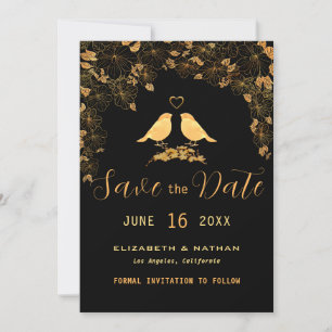 Elegant Black & Gold Floral Birds Custom Photo Save The Date