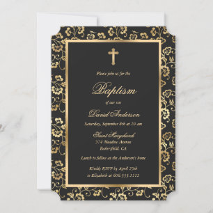 Elegant Black Gold Floral Boy Baptism Invitation