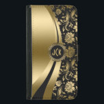 Elegant Black & Gold Floral Damask & Dynamic Lines Samsung Galaxy S5 Wallet Case<br><div class="desc">Black and gold tones shiny metallic floral damask and dynamic modern lines design. Custom and optional monogram. Several variation on this design, with different position of the elements. Not actual glitter or metallic finis, but digital image effect. If you need any help customising, changing colour, or anything else to any...</div>