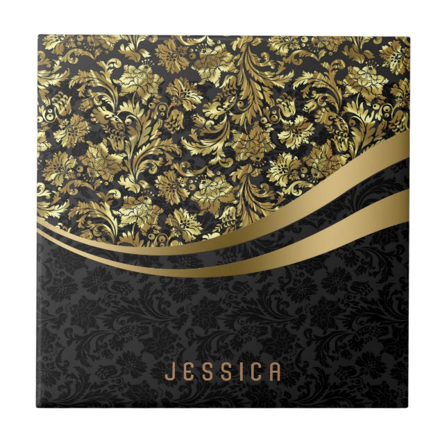 Elegant Black & Gold Floral Damask  Pattern Tile (Front)