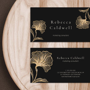 Elegant Black Gold Floral Feminine Business Card