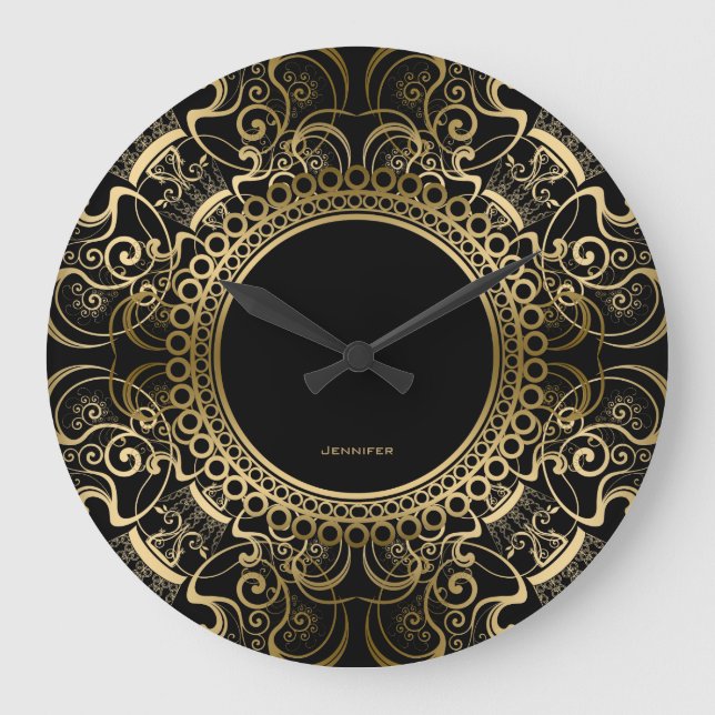 Elegant Black & Gold Floral Frame Large Clock (Front)