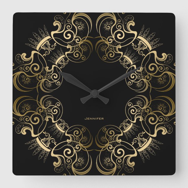 Elegant Black & Gold Floral Frame Square Wall Clock (Front)