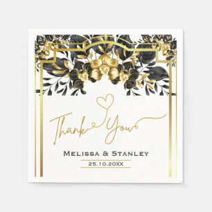 Elegant Black Gold Floral Geometric Wedding Napkin