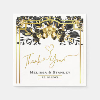 Elegant Black Gold Floral Geometric Wedding Napkin