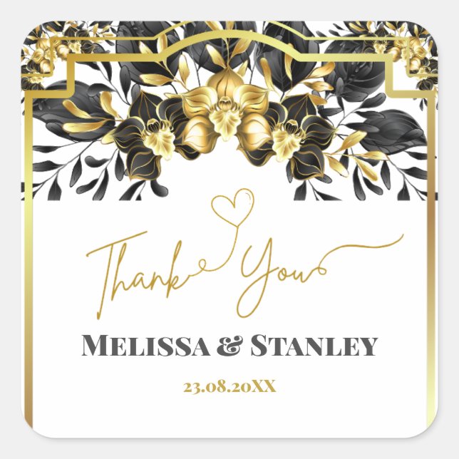 Elegant Black Gold Floral Geometric Wedding Square Sticker (Front)