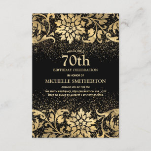 Elegant Black Gold Floral Glitter 70th Birthday Invitation
