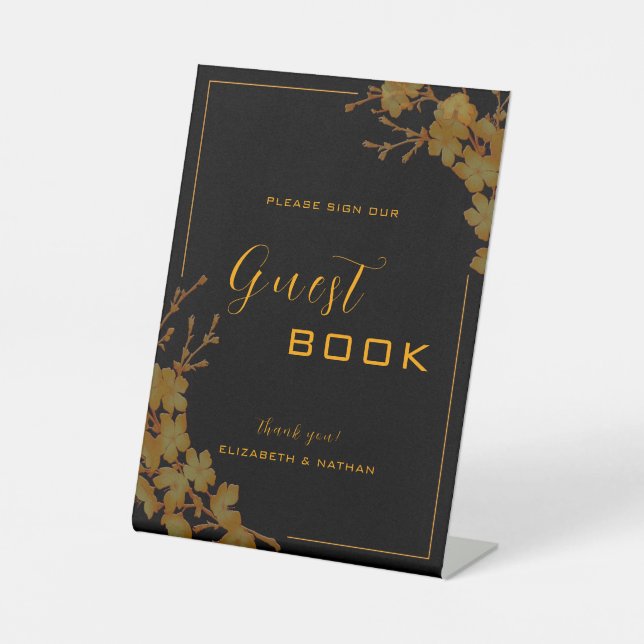 Elegant Black & Gold Floral Guestbook Sign (Front)