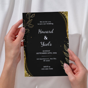 Elegant Black Gold Floral   Leaf Design Wedding Invitation
