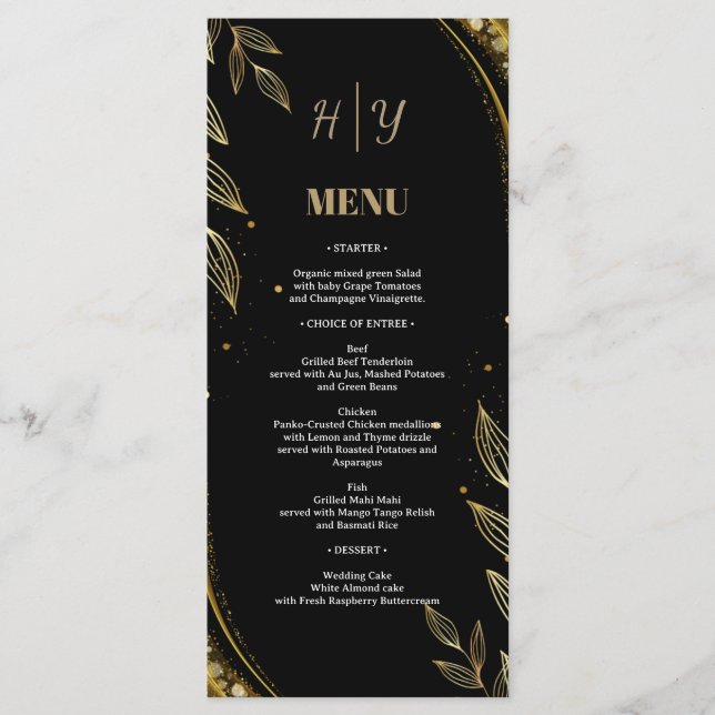 Elegant Black Gold Floral | Leaf Design Wedding Menu (Front)