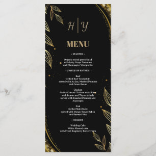 Elegant Black Gold Floral   Leaf Design Wedding Menu