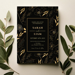 Elegant Black  Gold Floral Luxury Romantic Wedding Invitation
