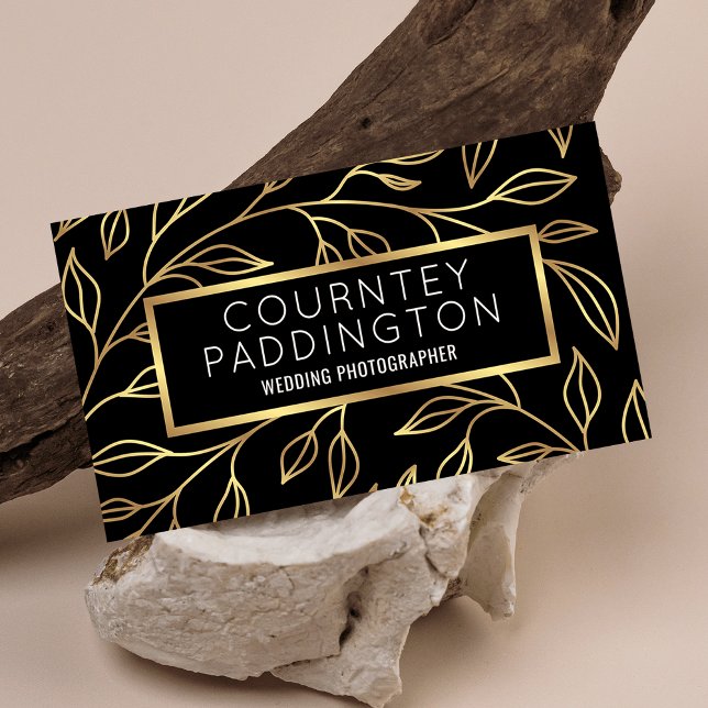 Elegant Black & Gold Floral Modern Professional Business Card (Elegant black and gold business cards with floral background & faux gold effects)