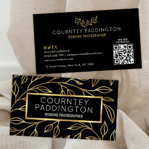 Elegant Black & Gold Floral Modern Stylish QR Code Business Card