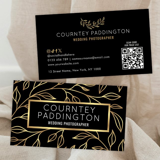 Elegant Black & Gold Floral Modern Stylish QR Code Business Card (Modern black and gold floral design scannable QR code business cards)