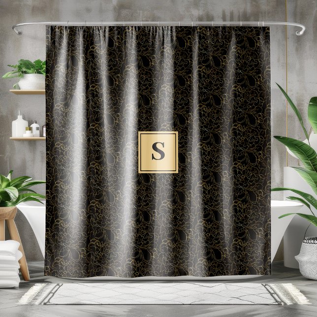 Elegant Black Gold Floral Monogram Shower Curtain (Creator Uploaded)