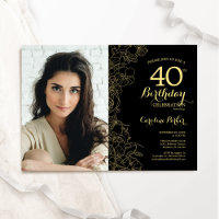 Elegant Black Gold Floral Photo 40th Birthday
