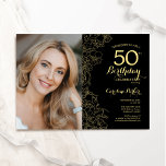 Elegant Black Gold Floral Photo 50th Birthday Invitation<br><div class="desc">Black gold floral 50th birthday party invitation with your photo on the front of the card. Minimalist modern design featuring botanical outline drawings accents, faux gold foil and typography script font. Simple trendy invite card perfect for a stylish female bday celebration. Can be customised to any age. Printed Zazzle invitations...</div>