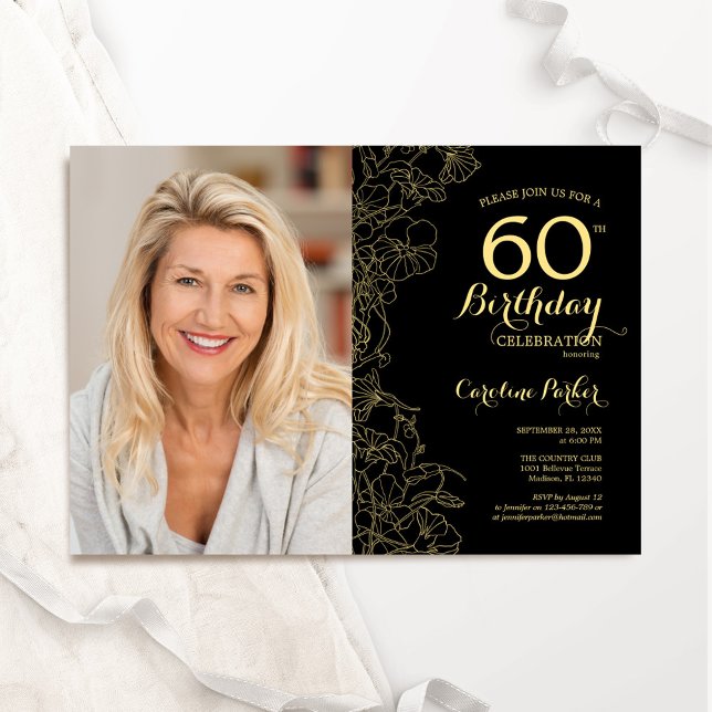 Elegant Black Gold Floral Photo 60th Birthday Invitation (Creator Uploaded)