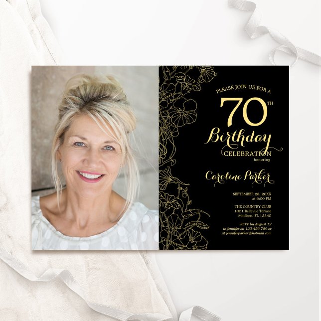 Elegant Black Gold Floral Photo 70th Birthday Invitation (Creator Uploaded)