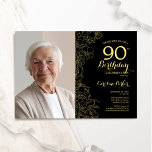 Elegant Black Gold Floral Photo 90th Birthday Invitation<br><div class="desc">Black gold floral 90th birthday party invitation with your photo on the front of the card. Minimalist modern design featuring botanical outline drawings accents, faux gold foil and typography script font. Simple trendy invite card perfect for a stylish female bday celebration. Can be customised to any age. Printed Zazzle invitations...</div>