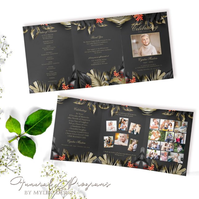 Elegant Black Gold Floral Photo Funeral Program Tri-Fold Invitation (Creator Uploaded)