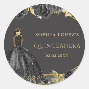 Elegant Black Gold Floral Princess Quinceanera Classic Round Sticker